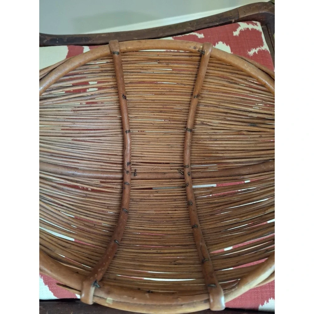 Vintage MCM Handmade Bamboo and Rattan Boat Shaped Fruit Basket With Handle
